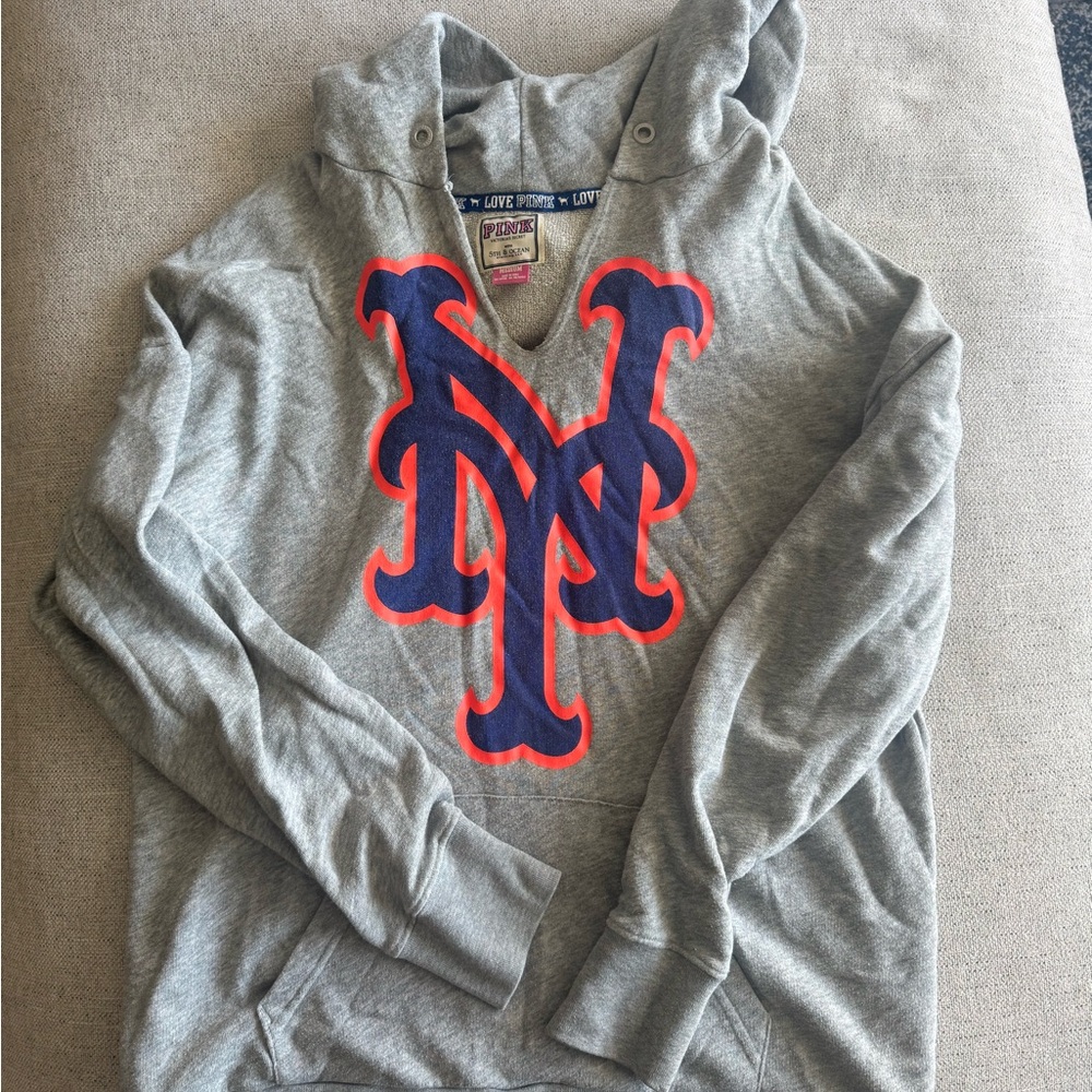 Vintage Victoria's Secret Gray Hoodie with Blue and Orange Mets Emblem
